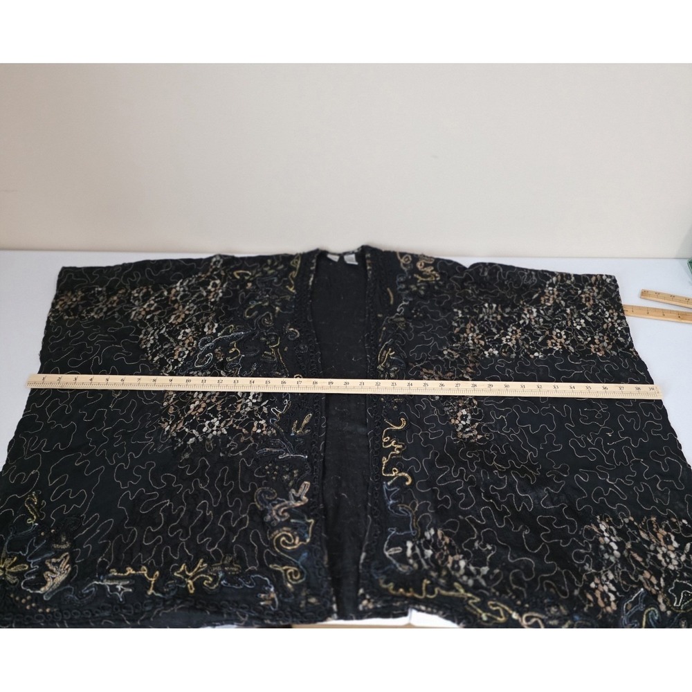 Chico's Kimono Wrap Women One Size Black Gold Embroidered Sequin Sheer Boho Chic - Picture 10 of 14